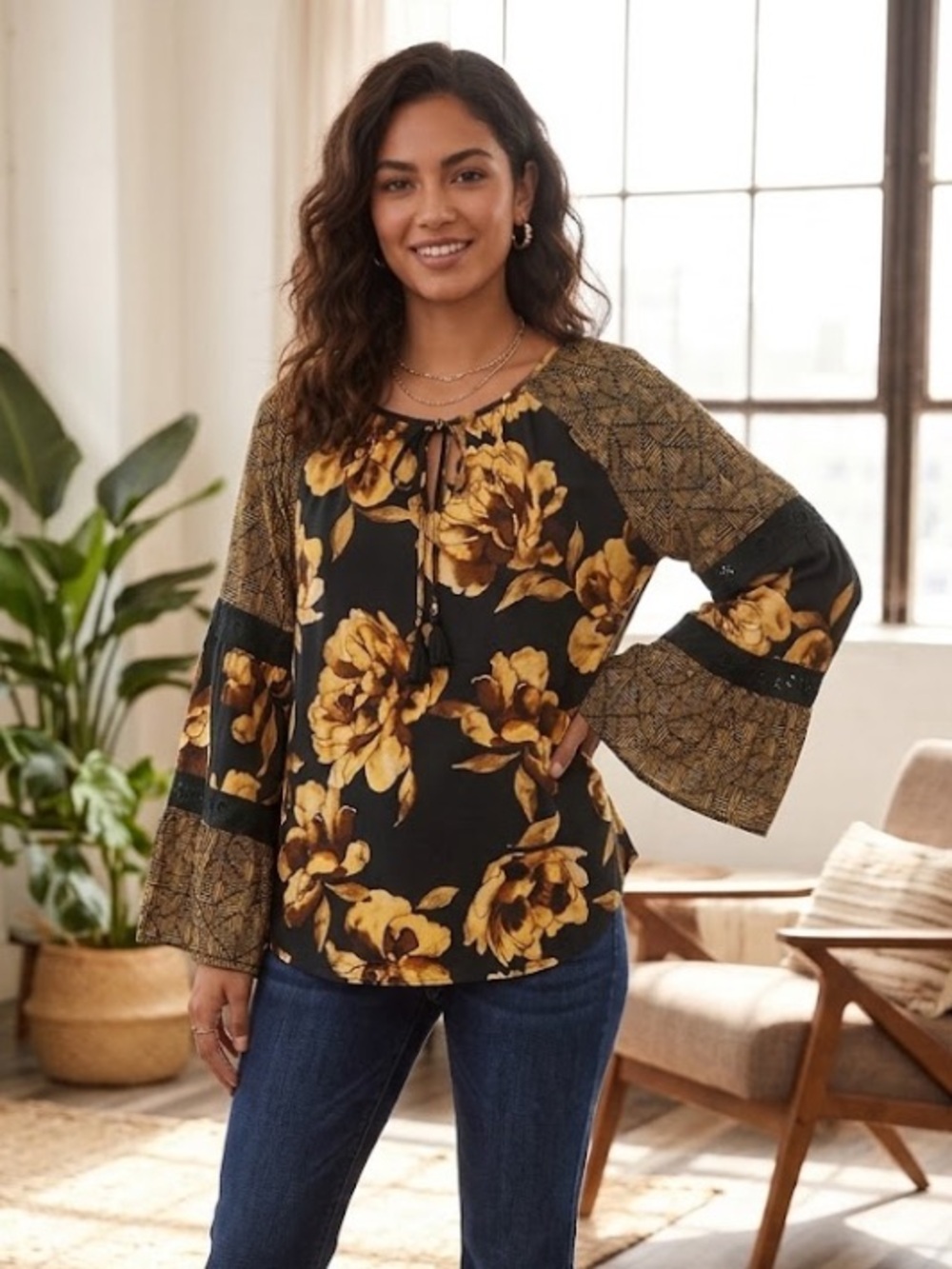 Cupio Black Top with Yellow Floral and Patterned Bell Sleeves